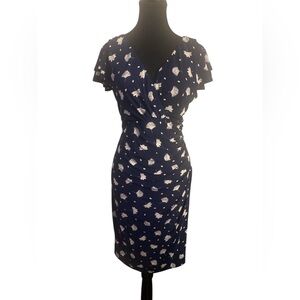 Anne Klein Navy Blue Floral Wrap Dress EUC 10